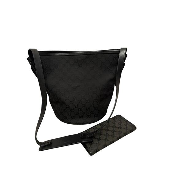 Gucci Vintage GG Canvas Tote & Wallet Set Black Monogram Leather Trim Authentic - Picture 1 of 15